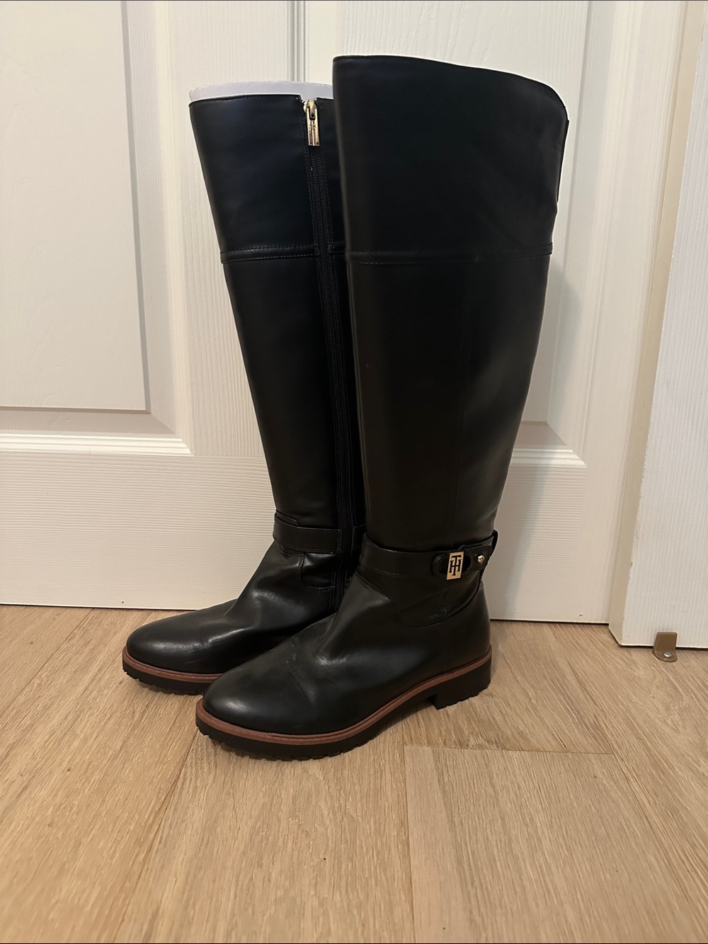 Tommy Hilfiger Black Leather Knee-High Winter Boots with Brown Trim